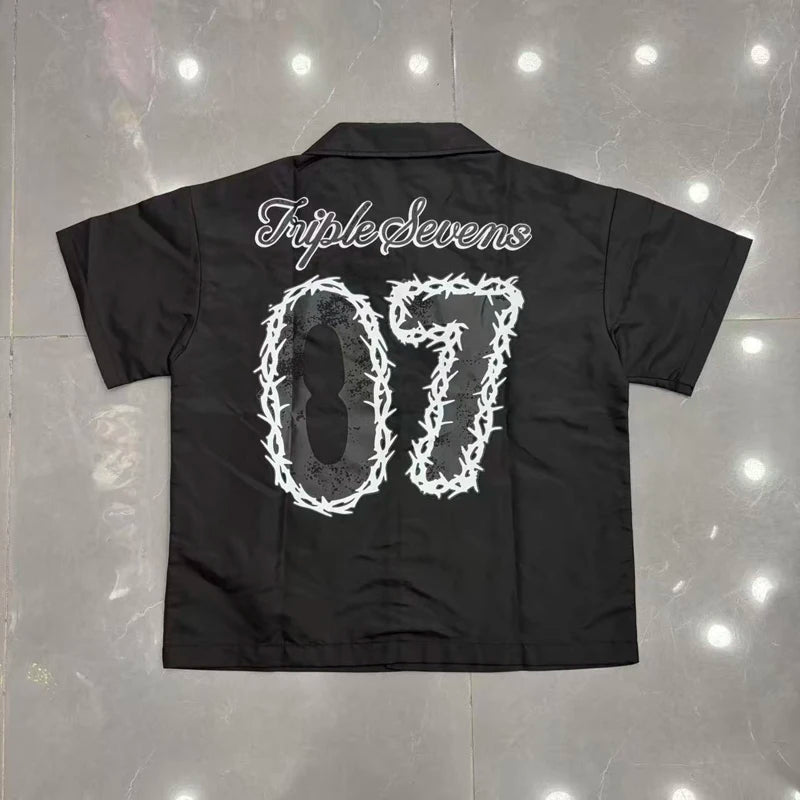 Green Triple Sevens Inseide Splice Black Shirts Chest Embroidery Label T-shirt Men Women Back 07 Digit Short Sleeve Loose Shirt