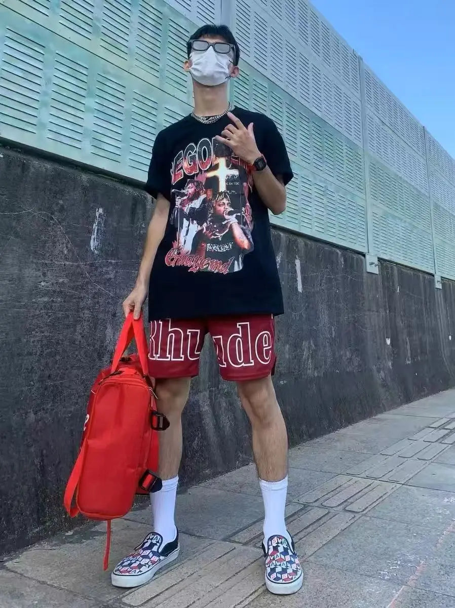 High street fashion RHUDE letter printed hip-hop casual pants beach pants men's five quarter shorts