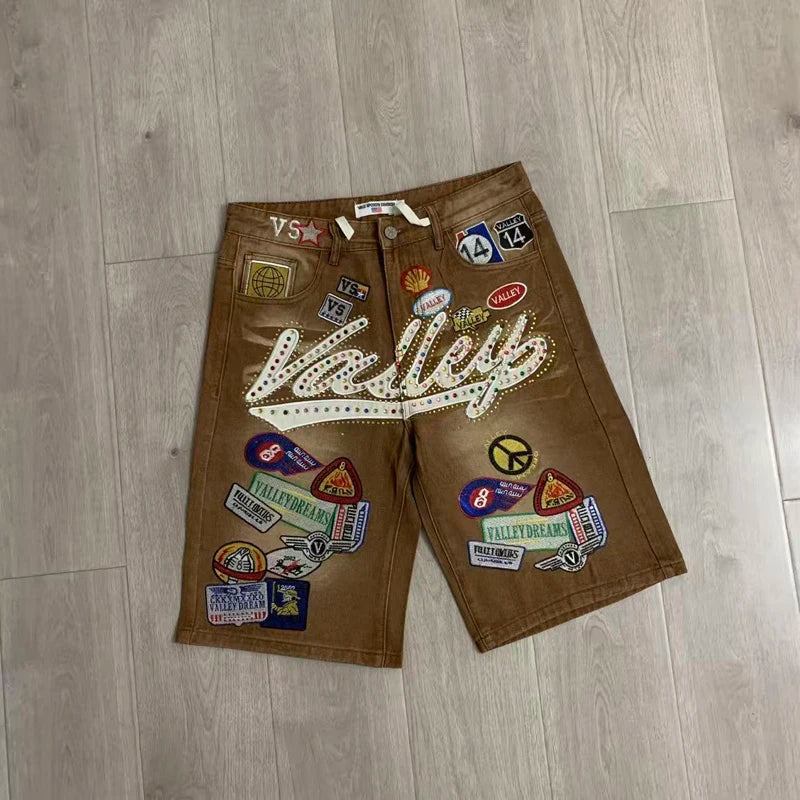 Colorful Rhinestone VALLEY Embroidery Patch Label Denim Shorts Jorts Men Women High Quality Loose Straight Short Jeans