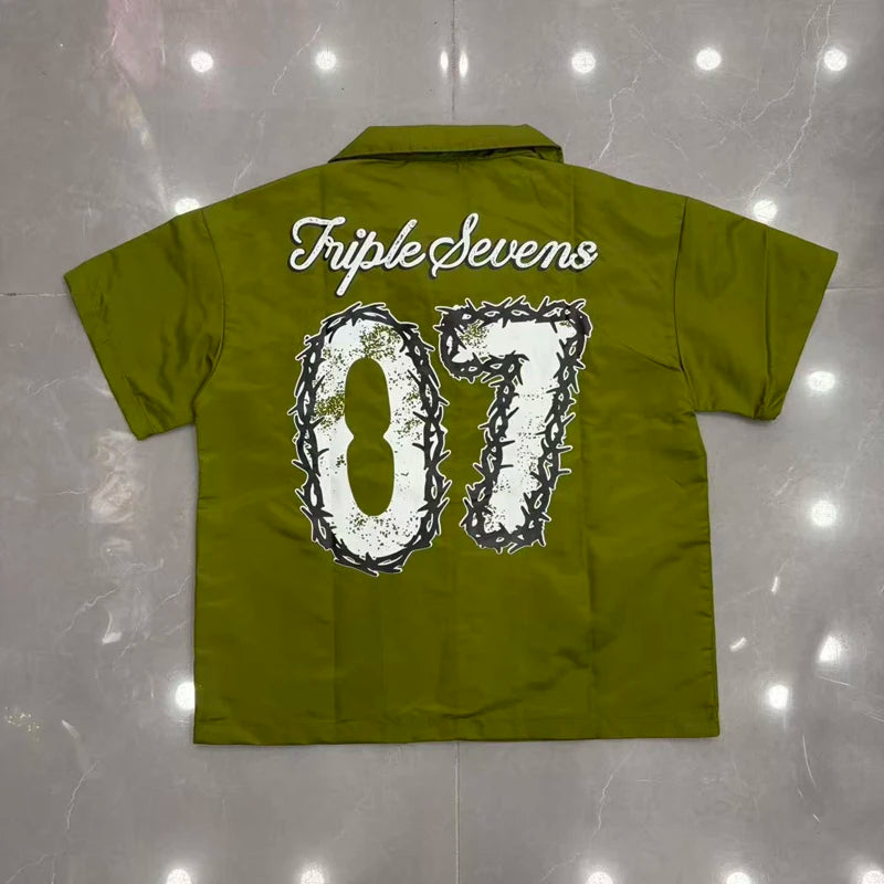 Green Triple Sevens Inseide Splice Black Shirts Chest Embroidery Label T-shirt Men Women Back 07 Digit Short Sleeve Loose Shirt