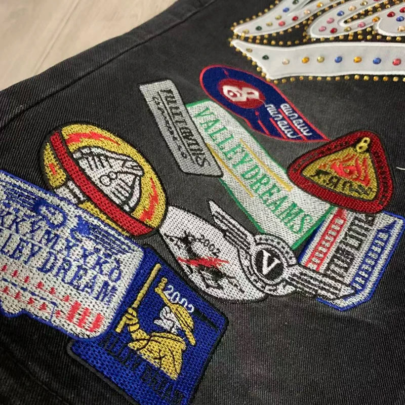Colorful Rhinestone VALLEY Embroidery Patch Label Denim Shorts Jorts Men Women High Quality Loose Straight Short Jeans