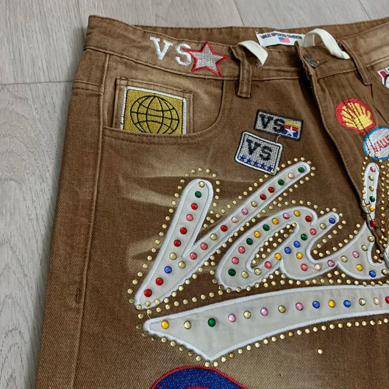 Colorful Rhinestone VALLEY Embroidery Patch Label Denim Shorts Jorts Men Women High Quality Loose Straight Short Jeans