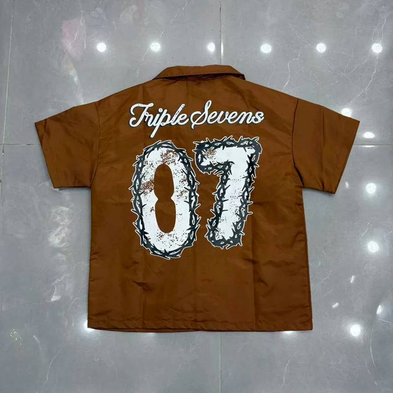 Green Triple Sevens Inseide Splice Black Shirts Chest Embroidery Label T-shirt Men Women Back 07 Digit Short Sleeve Loose Shirt