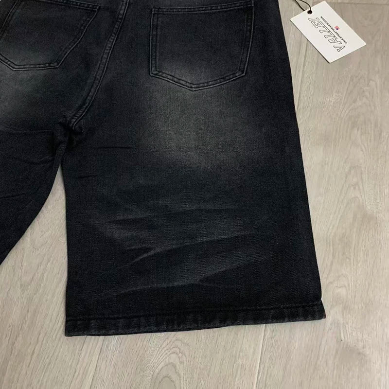Colorful Rhinestone VALLEY Embroidery Patch Label Denim Shorts Jorts Men Women High Quality Loose Straight Short Jeans