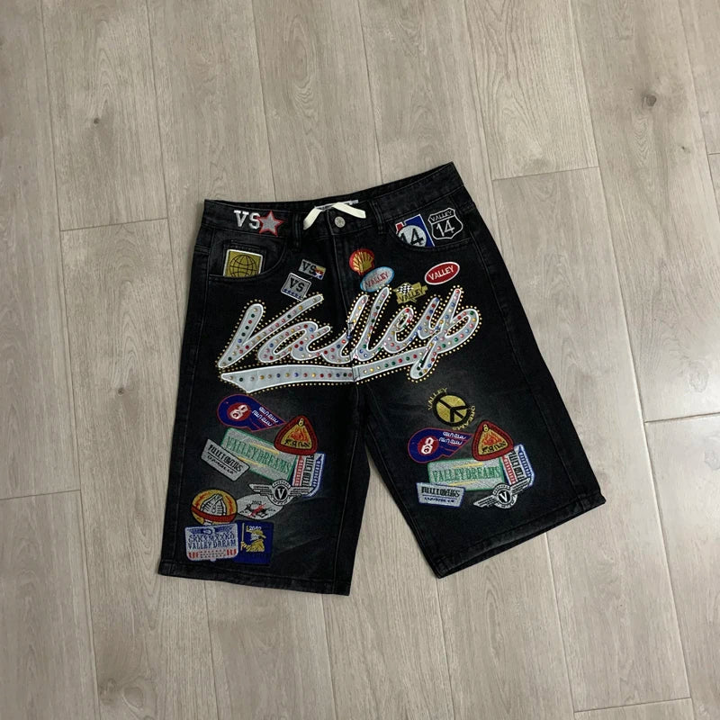 Colorful Rhinestone VALLEY Embroidery Patch Label Denim Shorts Jorts Men Women High Quality Loose Straight Short Jeans