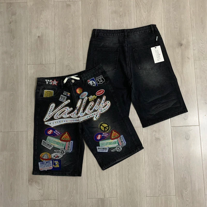 Colorful Rhinestone VALLEY Embroidery Patch Label Denim Shorts Jorts Men Women High Quality Loose Straight Short Jeans