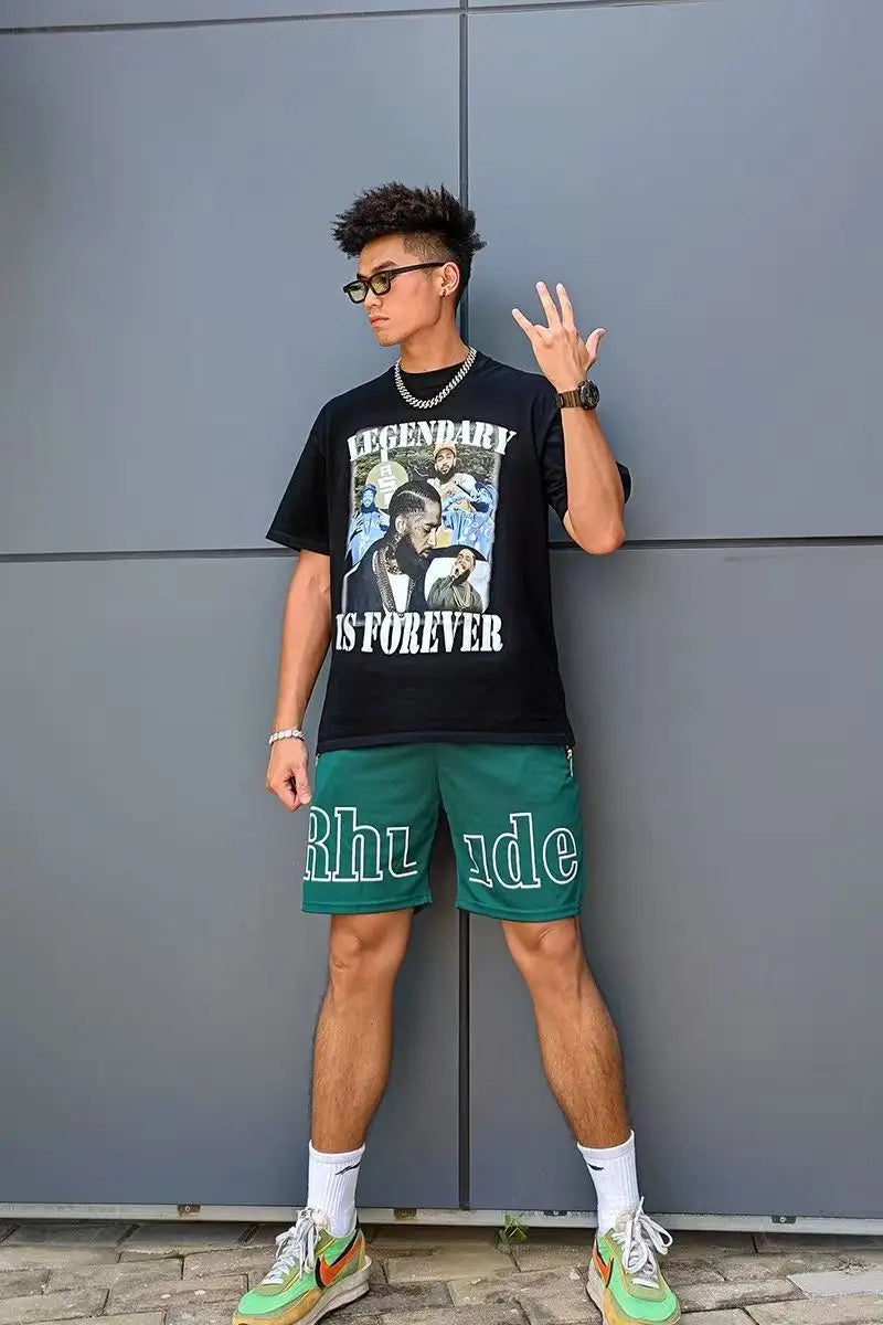 High street fashion RHUDE letter printed hip-hop casual pants beach pants men's five quarter shorts