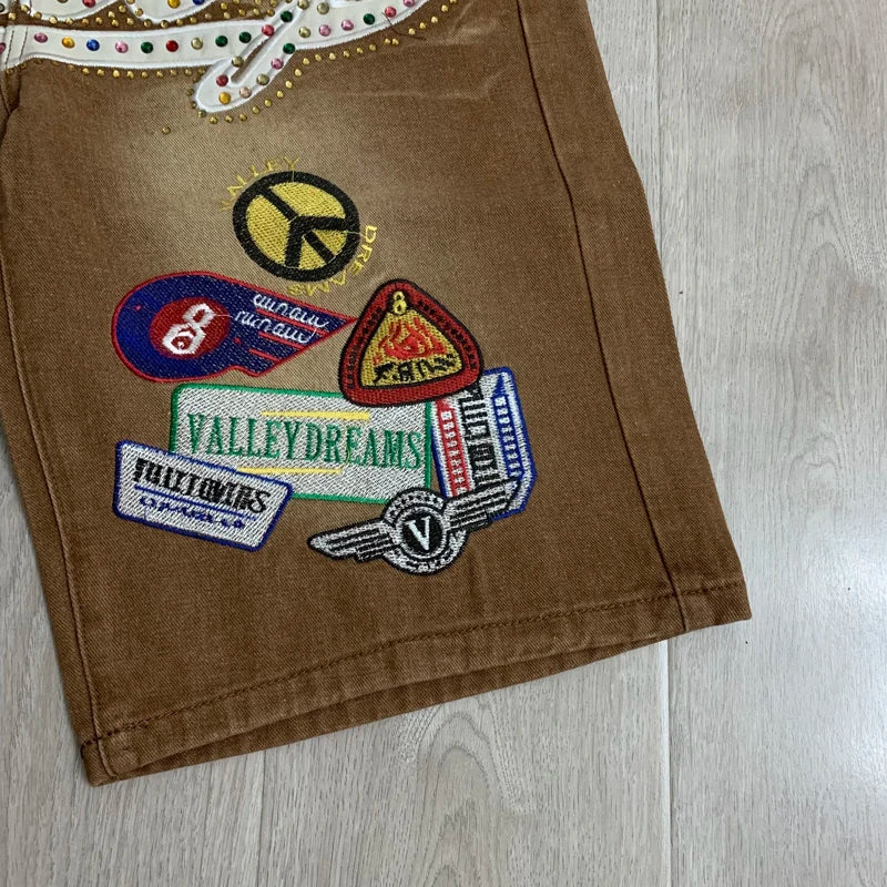 Colorful Rhinestone VALLEY Embroidery Patch Label Denim Shorts Jorts Men Women High Quality Loose Straight Short Jeans