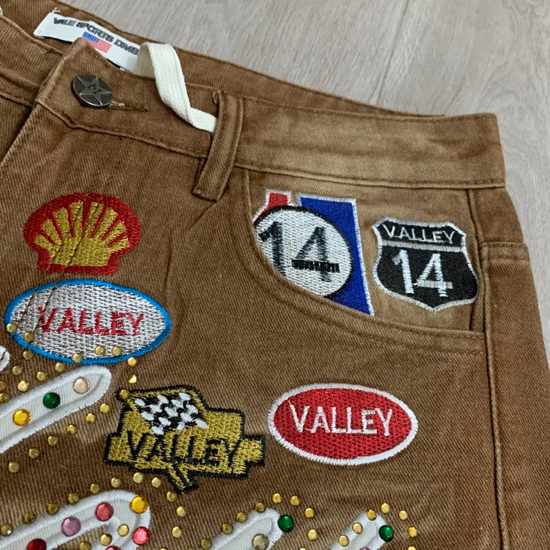 Colorful Rhinestone VALLEY Embroidery Patch Label Denim Shorts Jorts Men Women High Quality Loose Straight Short Jeans