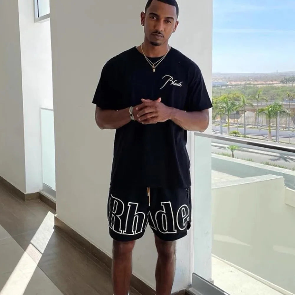 High street fashion RHUDE letter printed hip-hop casual pants beach pants men's five quarter shorts
