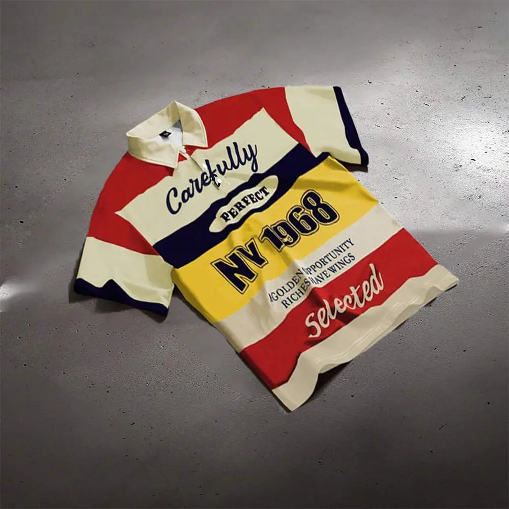 American Vintage Style POLO Shirt Colorful Striped Letter 3D Printed Tops Men And Women Fashion Casual Classic Lapel Streetwear