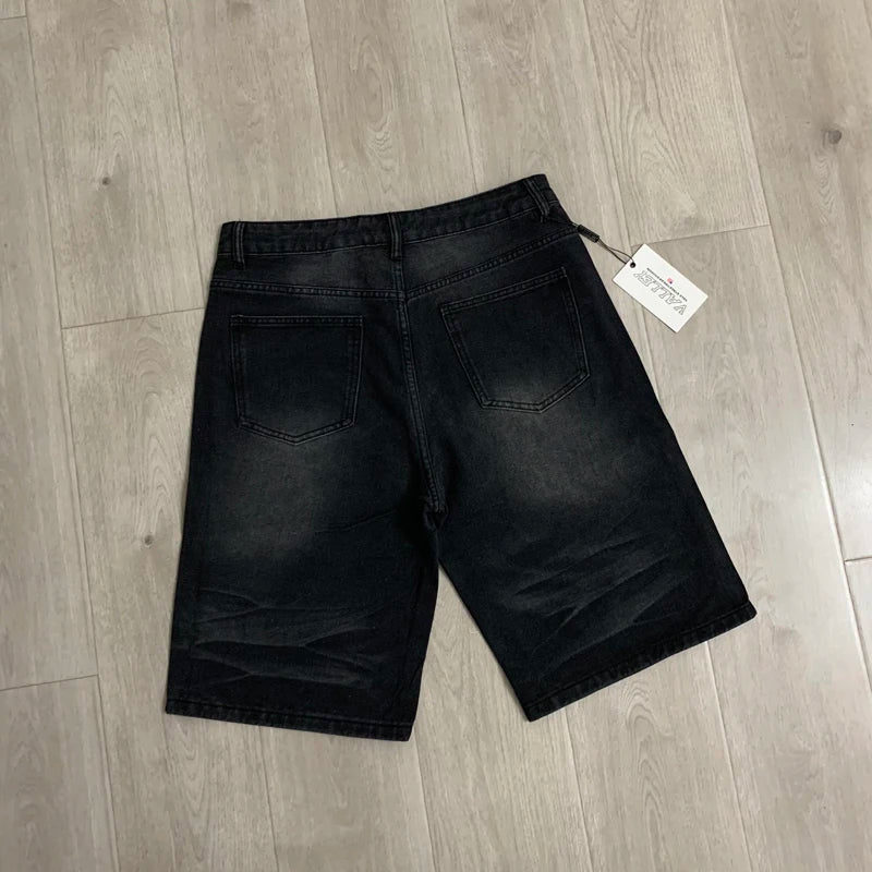 Colorful Rhinestone VALLEY Embroidery Patch Label Denim Shorts Jorts Men Women High Quality Loose Straight Short Jeans