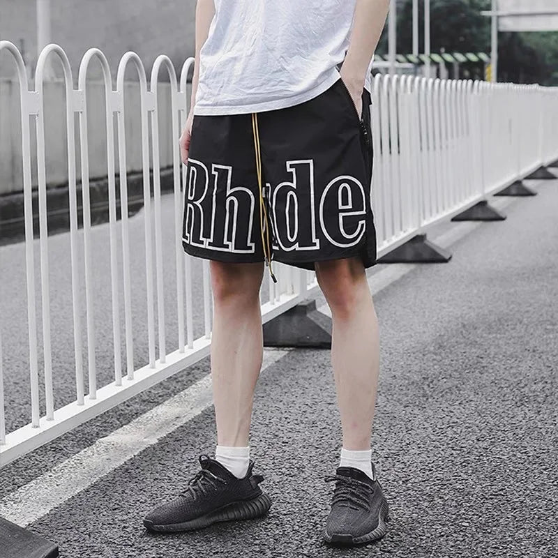 High street fashion RHUDE letter printed hip-hop casual pants beach pants men's five quarter shorts