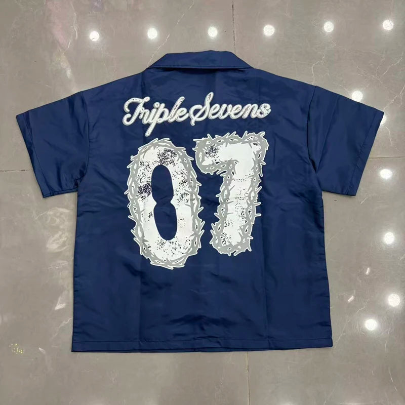 Green Triple Sevens Inseide Splice Black Shirts Chest Embroidery Label T-shirt Men Women Back 07 Digit Short Sleeve Loose Shirt